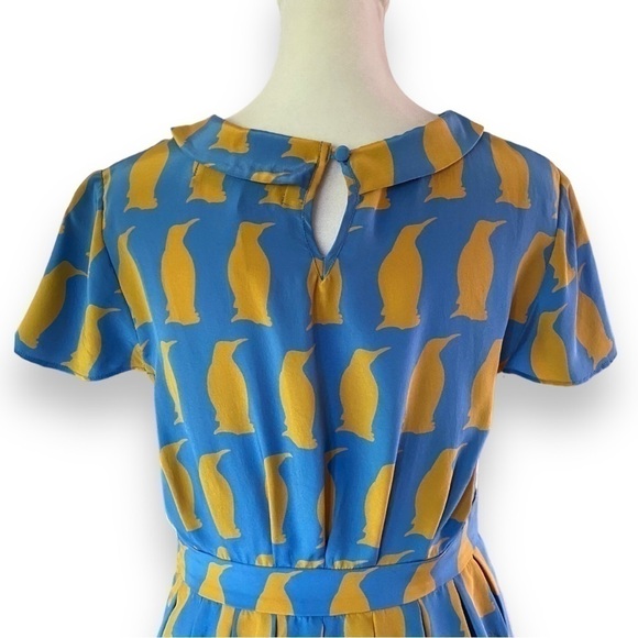 Charlotte By Charlotte Taylor Blue & Yellow Penguin Print Silk Blouse | Size 4 - Picture 7 of 14